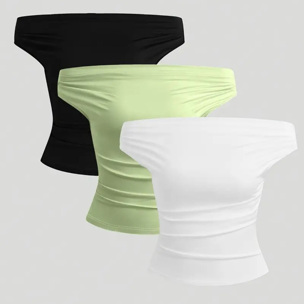 4-Pack Off-Shoulder Stretch Tube Tops — Black, Light Green, White, Leopard